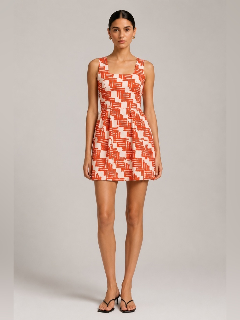 Shoshanna square neck orange and white patterned mini dress. Size 8